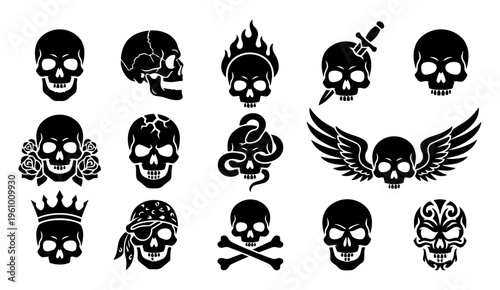 Skull Silhouette Set – Tattoo Style Skulls with Wings, Snake, Crown, Roses and Tribal Designs
