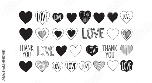 Collection of various heart symbols and love words for expression