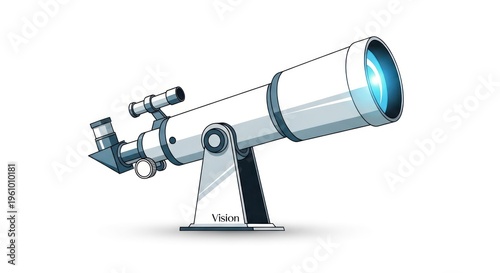 Illustration of white telescope for vision and astronomy, optical instrument to view the stars, planets and universe on white background.