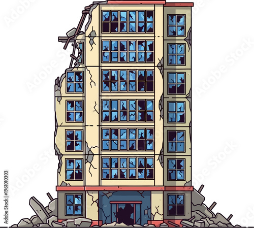 A cartoon illustration of a severely damaged multi-story building with broken windows and crumbling walls, surrounded by debris.