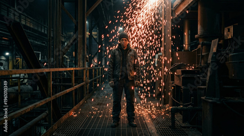 Silent Vulnerability Amidst Industrial Sparks – A Portrait of Resilience and Mental Fortitude