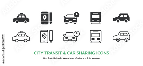 タクシー、電車、カーシェアなど都市交通と地図アプリのアイコンセット。線画と塗りのベクター素材