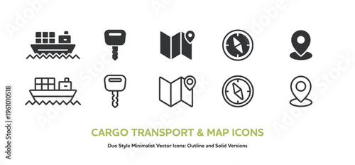 貨物船、車の鍵、地図など物流とナビゲーションのアイコンセット。線画と塗りの素材