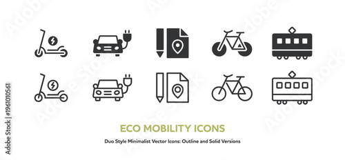 EVや路面電車などエコな交通手段と、ルート作成・地図のアイコンセット。線画と塗りの素材