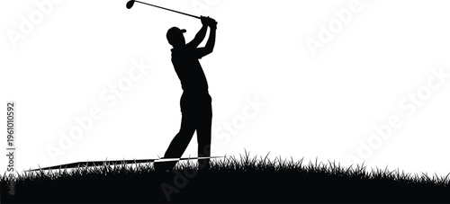 Golfer silhouette swinging club on grass field isolated on white background, professional golf player active sport vector illustration for design.