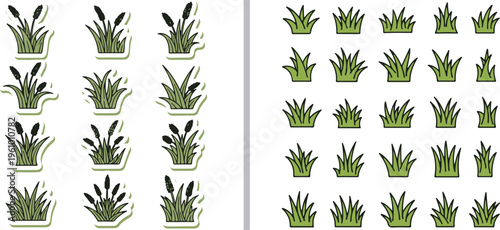 Vector asset featuring stylized green grass tufts and bulrush icons. Left side shows detailed wetland plants with cattails; right side offers simple, flat grass clusters for landscape design.