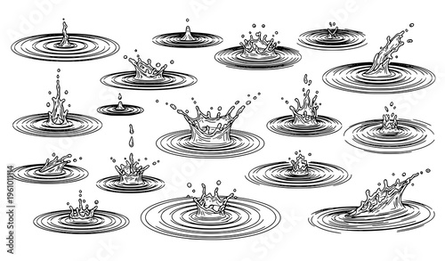 Liquid splash ripple blueprint icons water droplet technical vector collection