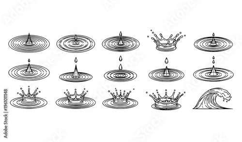 Water ripple droplet splash blueprint vector set liquid schematic line illustration
