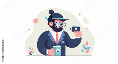 A stylized person in a suit and hat holds two small cups