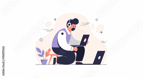 Person wearing headphones on stool with laptops, potted plant