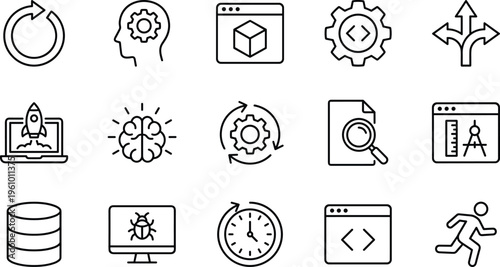 Software development and coding line icons set, programming tools, debugging, workflow, data, automation, web development, vector illustration collection pack