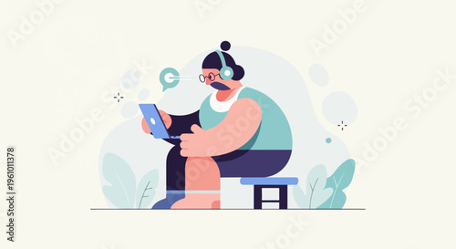 Person wearing headphones, glasses, and a beard sits on a stool typing on a laptop