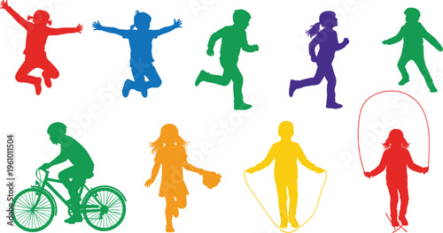 Colorful children silhouettes collection, kids playing, running, jumping, cycling and skipping rope, active lifestyle concept illustration, healthy childhood activities isolated design set