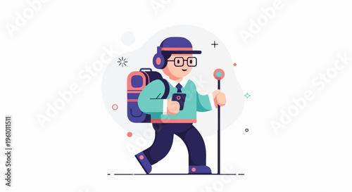Person with backpack and headphones, walking with phone and stick