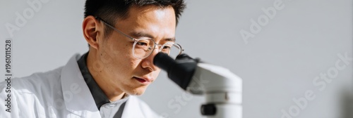Male asian adult scientist examining microscope samples in laboratory wearing lab coat and glasses