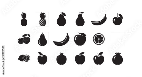 A collection of various fruit icons in black silhouette on white background