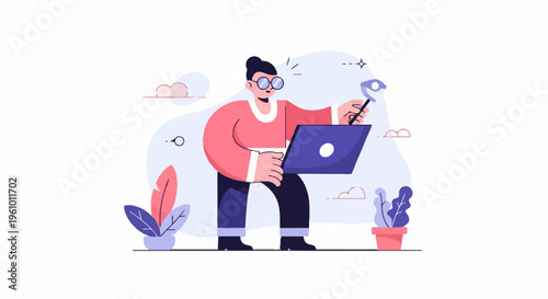 Person with glasses and dark hair using a laptop and stylus, digital art