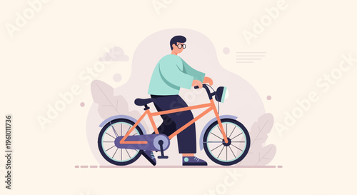 Person with glasses riding an orange bicycle with a blue-grey fender