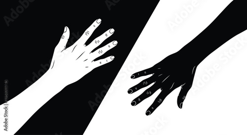 Hand silhouette contrast, black and white design, duality concept, connection symbol, opposition gesture, minimalist art, vector illustration, symbolic composition