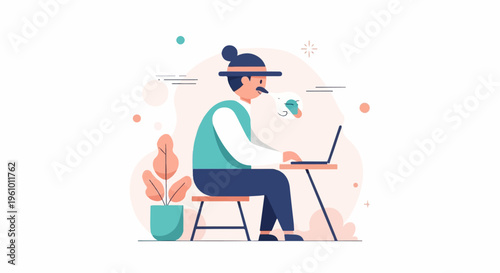Person with hat working on laptop with coffee, plants and bubbles