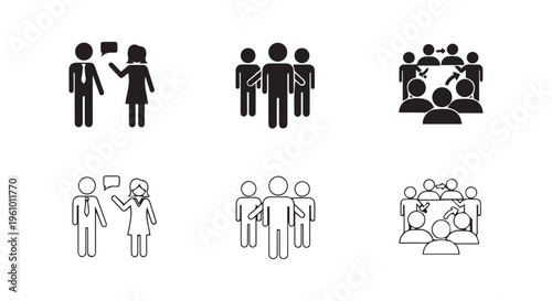A collection of simple line icons representing various group interactions