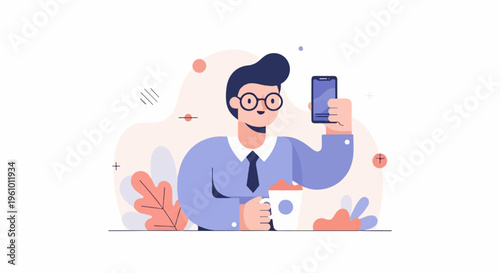 Animated man with glasses holding phone and coffee cup