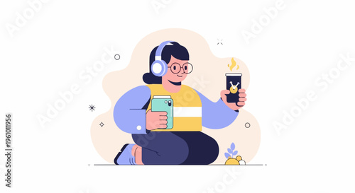 Animated person in headphones holding a jar and a coffee cup