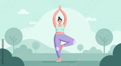 Serene woman in tree pose amidst a gentle, hazy, outdoor park setting