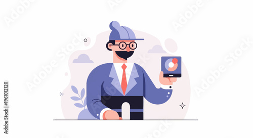 Businessman in suit with hard hat holds device showing data chart