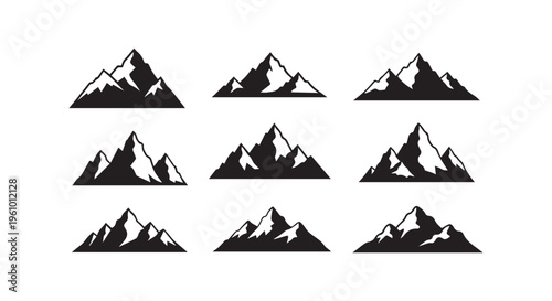 A group of nine black mountain silhouettes on a white background