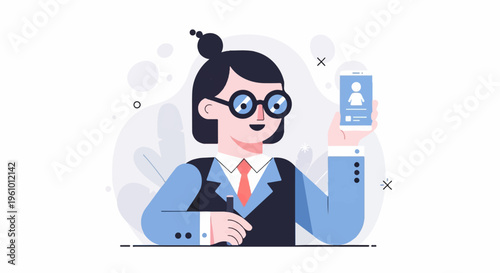 Cartoon businesswoman holding a smartphone, showing a profile page