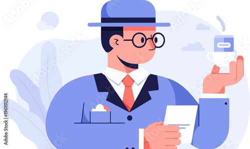 Stylishly dressed man holding a cup of coffee and paper