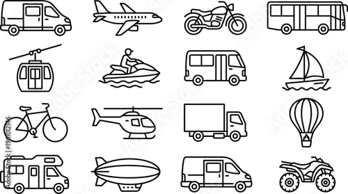 Transport vehicles line icons set, airplane, motorcycle, bus, helicopter, bicycle, boat, logistics delivery, travel transport collection, vector illustration pack