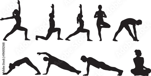 Collection of yoga and stretching poses for flexibility and relaxation