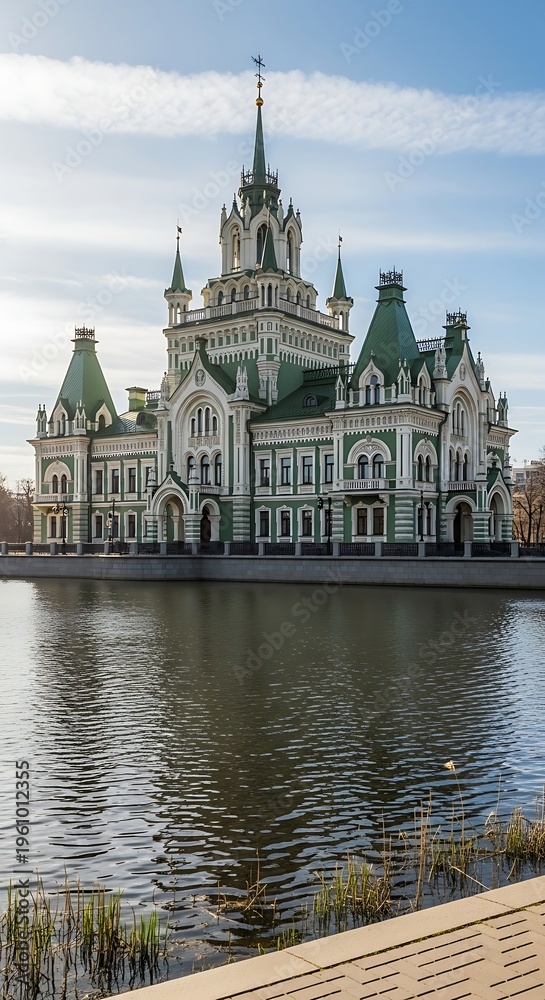 Fototapeta premium Majestic architectural marvel reflecting in serene waters under a bright sky.