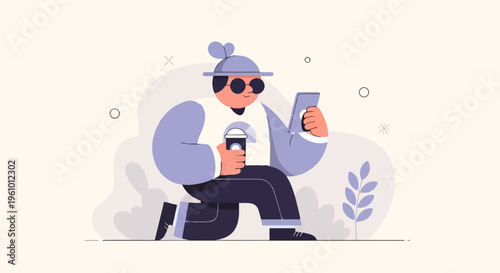 Casual person in hat and glasses checks phone holding coffee