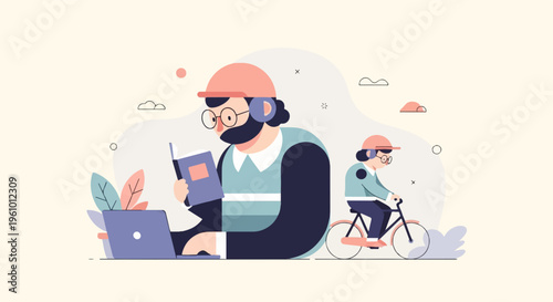 Two figures, one reading near a laptop, another cycling