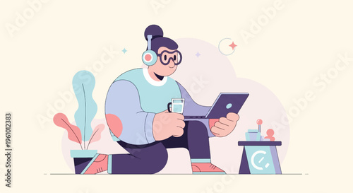 Cheerful person with headphones, laptop, and drink, plants nearby