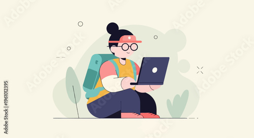 Flat design of person with backpack using laptop outdoors