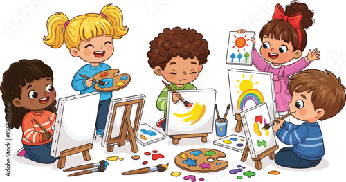 Happy diverse kids painting together, children art class activity, creative learning illustration, school classroom scene with easels, colorful drawings, teamwork and imagination concept