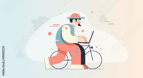 Stylized person on bicycle with laptop, abstract background