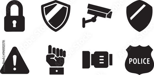 Icons representing security, surveillance, and law enforcement concepts