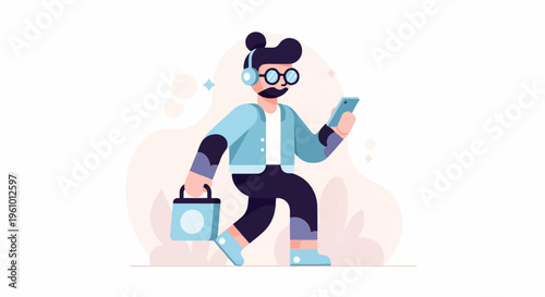 Trendy person in headphones walks with phone and briefcase
