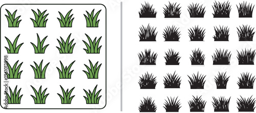 Vector asset featuring stylized grass tufts in two variations: vibrant green sprout icons in a rounded grid and detailed black silhouettes. Ideal for garden design, mapping, and game environments.