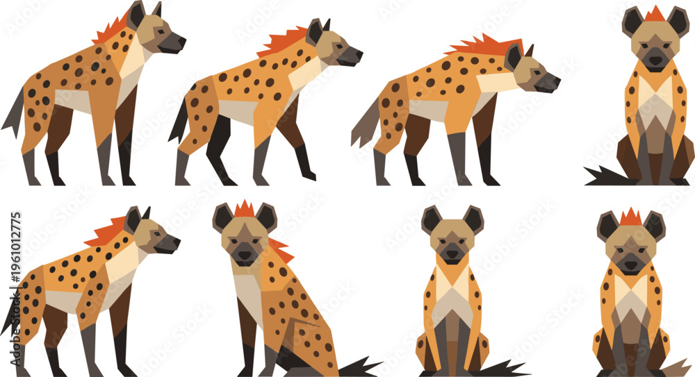 Obraz premium Hyena Animal Character Set Featuring Geometric Cartoon Wildlife Illustrations in Different Poses for Safari Themes, Nature Design, and African Fauna Projects.
