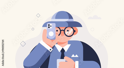 Person in a hat and glasses takes a selfie with a phone