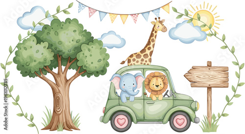 Cute safari animals riding car with tree giraffe and nature elements pastel cartoon vector illustration for kids adventure and nursery design