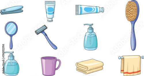 Bathroom Hygiene and Personal Care Icon Set with Toothpaste, Soap Dispenser, Razor, Mirror, Towel, Brush, and Daily Hygiene Tools Vector Illustration