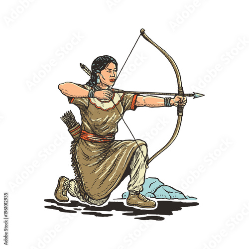 Indigenous Woman Archer Aiming Bow in Traditional Hunting Scene
