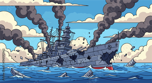 A heavily damaged battleship, smoking and sinking in a stormy ocean, with debris floating around.